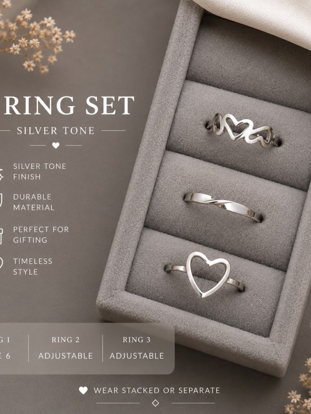 Silver Tone Heart Stackable Ring Trio - Women Jewelry